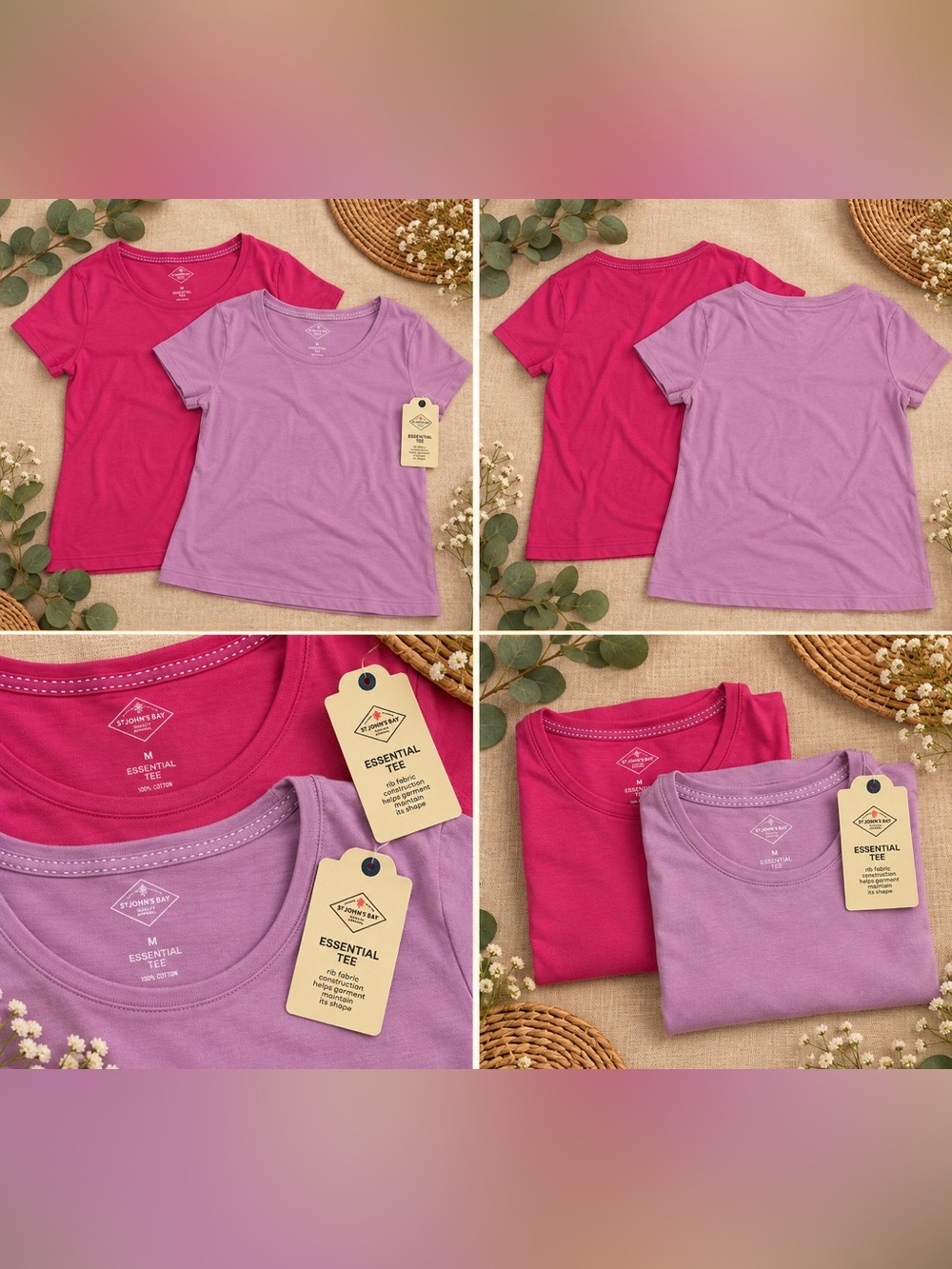 St. John's Bay Essential Tee 2-Pack Short Sleeve Tees Pink & Purple Medium NWT